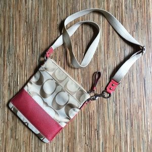 Coach Swingpack Crossbody Messenger Bag Khaki Cream Tan Pink Stripe